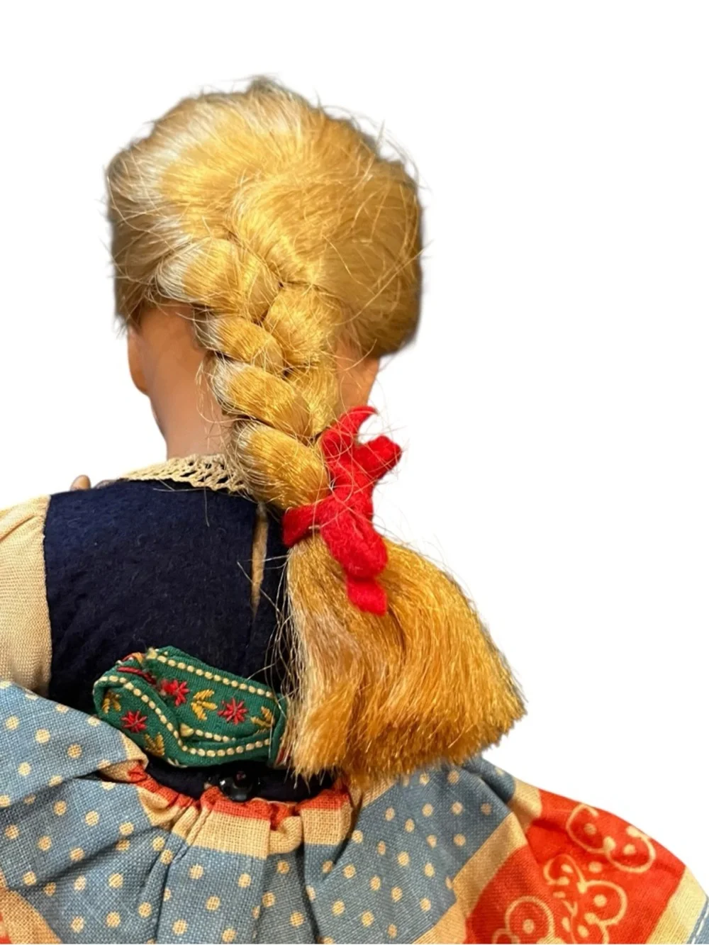 Antique 11” Composite Doll Blonde Braided Folk art Dress vintage